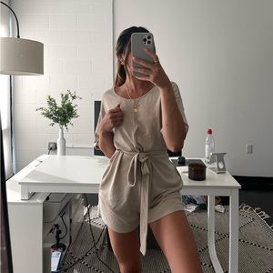 Princess Polly Cream short sleeve waist tie romper